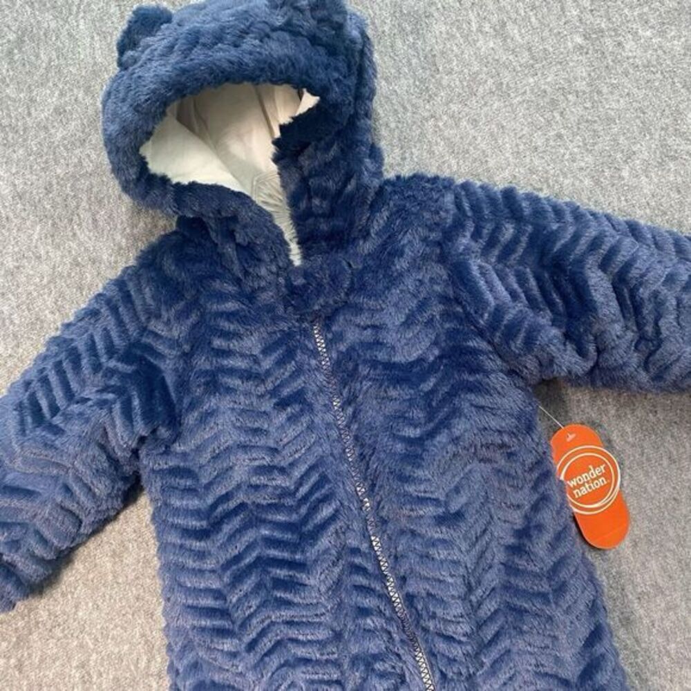 Wonder Nation 6-9 Baby‎ Teddy Fleece Pram with Hood Snowsuit Blue Hand Mittens